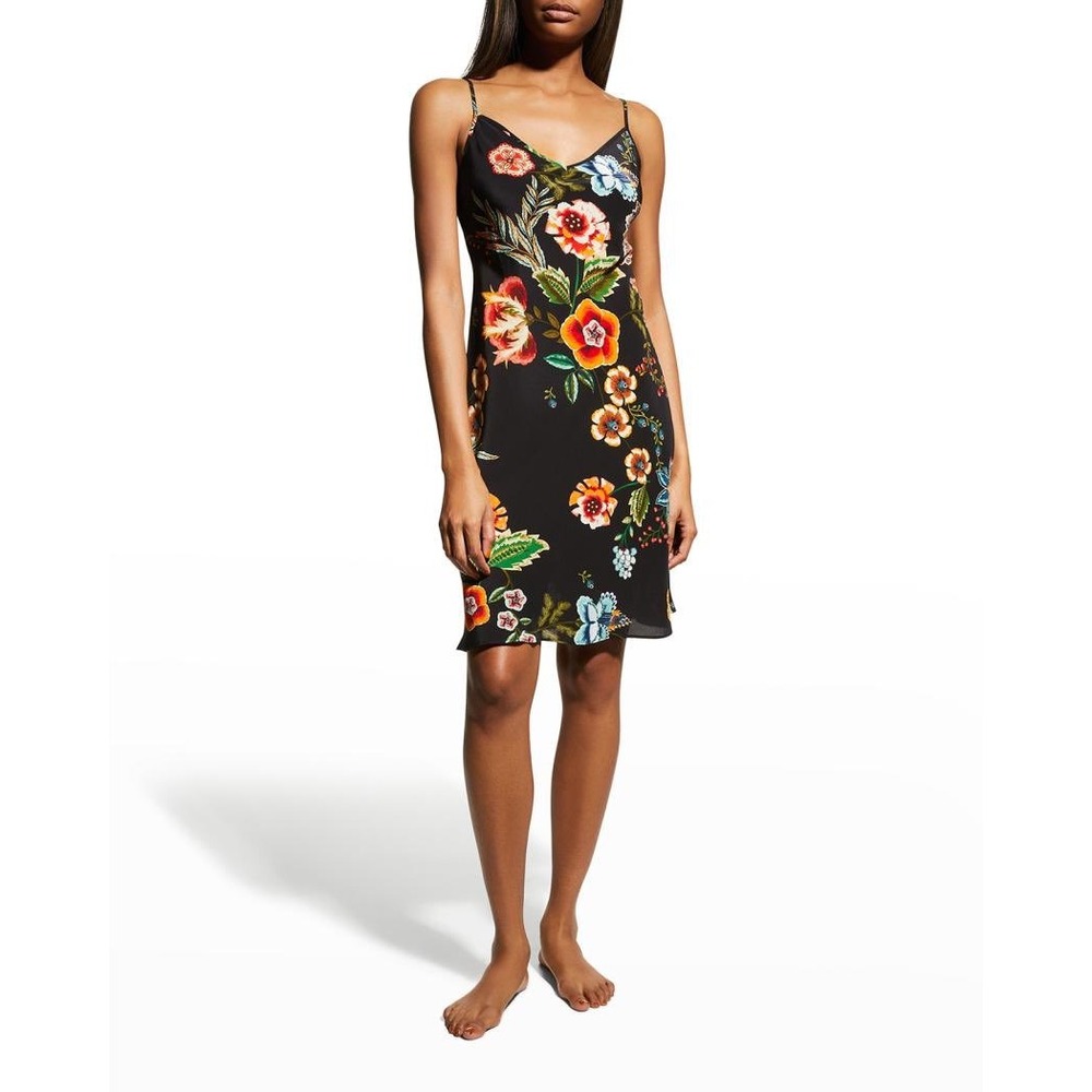 Johnny Was Caitlin 100% Silk Floral Slip Dress Black Multi Midi Womens XS